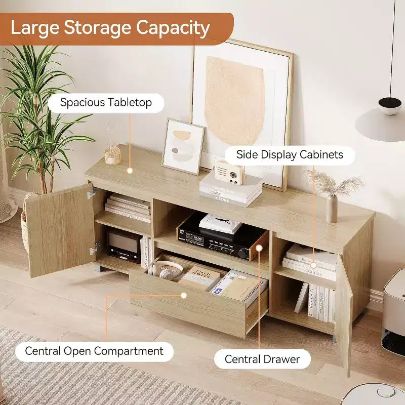 Meuble TV de 160 cm pour téléviseurs jusqu'à 70 pouces, meuble de divertissement en rotin avec tiroir de rangement et étagères ouvertes, console multimédia TV moderne pour salon