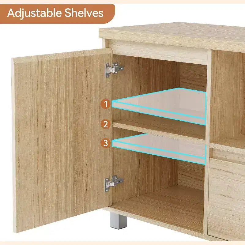 Meuble TV de 160 cm pour téléviseurs jusqu'à 70 pouces, meuble de divertissement en rotin avec tiroir de rangement et étagères ouvertes, console multimédia TV moderne pour salon