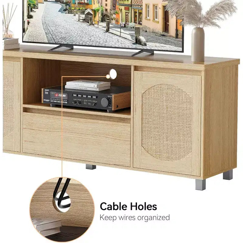 Meuble TV de 160 cm pour téléviseurs jusqu'à 70 pouces, meuble de divertissement en rotin avec tiroir de rangement et étagères ouvertes, console multimédia TV moderne pour salon
