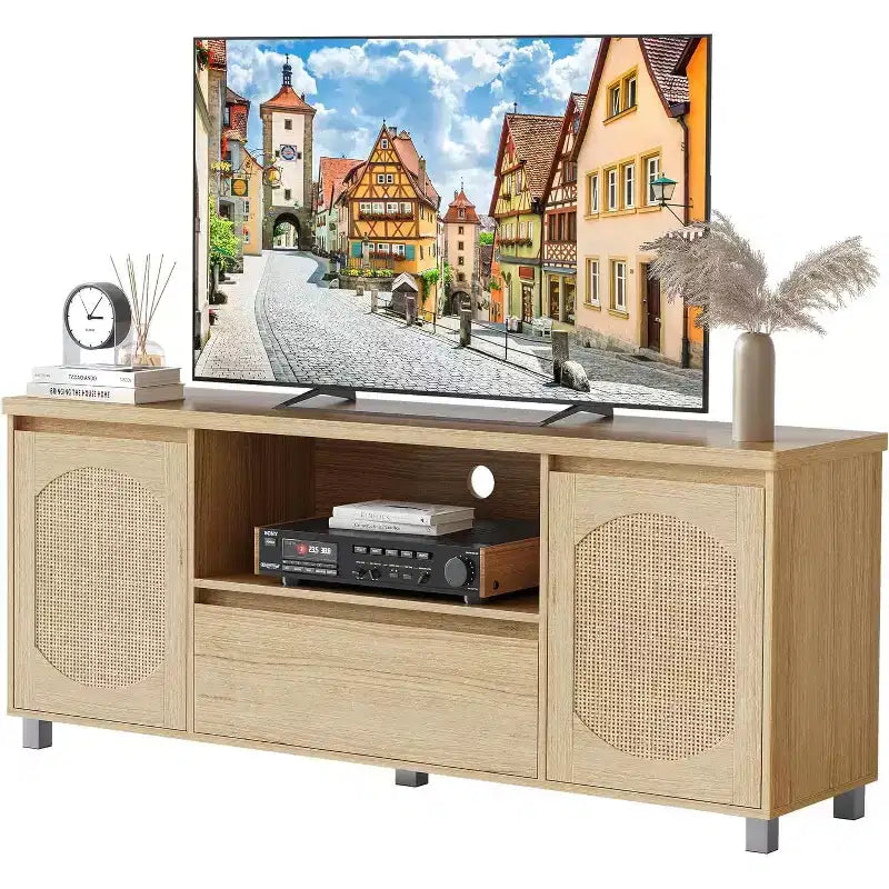 Meuble TV de 160 cm pour téléviseurs jusqu'à 70 pouces, meuble de divertissement en rotin avec tiroir de rangement et étagères ouvertes, console multimédia TV moderne pour salon