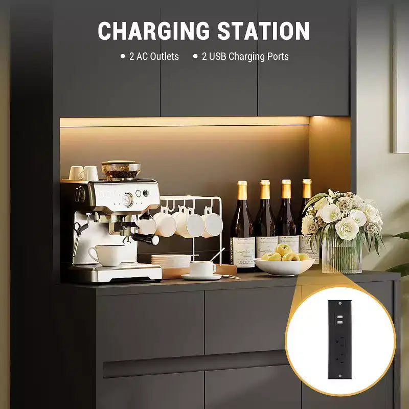 DobleePy 70 Black Farmhouse Kitchen Pantry Cabinet with Charging Station, Microwave Stand, Drawers & Adjustable Shelves, Modern Storage Hutch