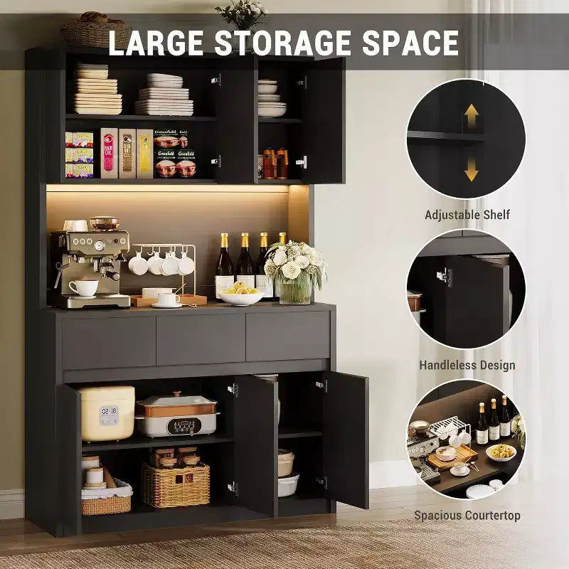 DobleePy 70 Black Farmhouse Kitchen Pantry Cabinet with Charging Station, Microwave Stand, Drawers & Adjustable Shelves, Modern Storage Hutch