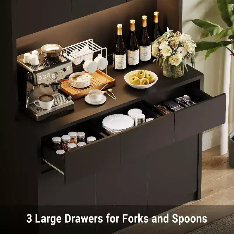DobleePy 70 Black Farmhouse Kitchen Pantry Cabinet with Charging Station, Microwave Stand, Drawers & Adjustable Shelves, Modern Storage Hutch