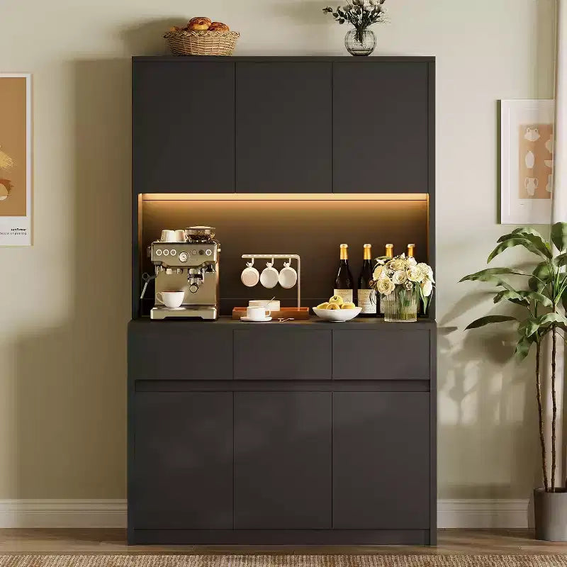 DobleePy 70 Black Farmhouse Kitchen Pantry Cabinet with Charging Station, Microwave Stand, Drawers & Adjustable Shelves, Modern Storage Hutch