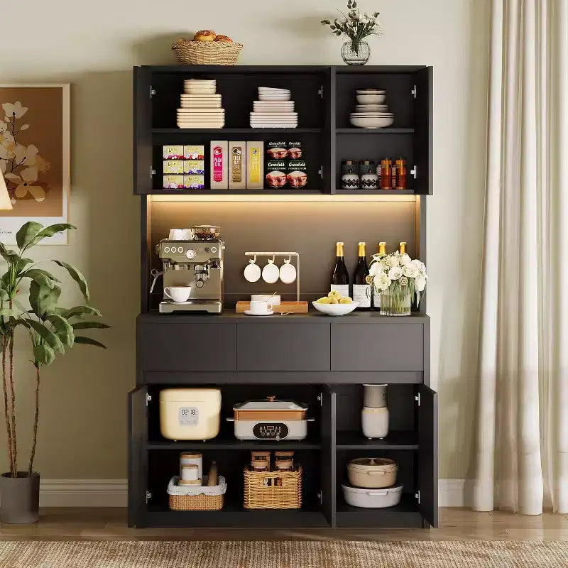 DobleePy 70 Black Farmhouse Kitchen Pantry Cabinet with Charging Station, Microwave Stand, Drawers & Adjustable Shelves, Modern Storage Hutch