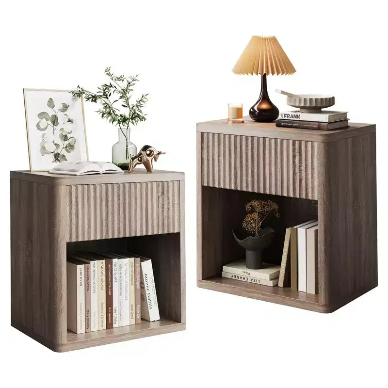 Modern Nightstands Set of 2, Fluted End Table with Drawer, Sofa Side Table for Small Spaces, Wooden Bedside Table for Living Room Sofa Couch Office