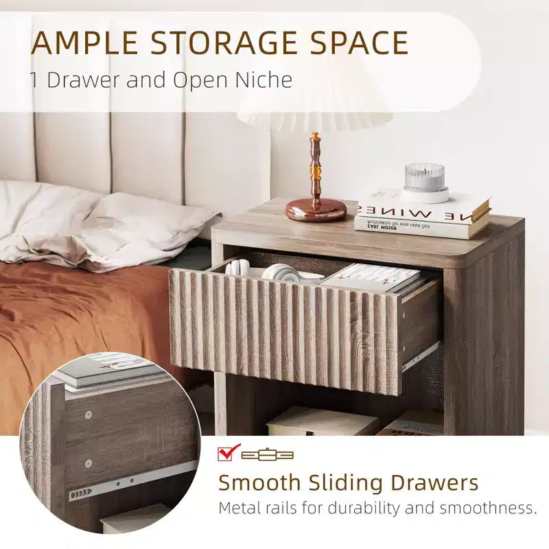 Modern Nightstands Set of 2, Fluted End Table with Drawer, Sofa Side Table for Small Spaces, Wooden Bedside Table for Living Room Sofa Couch Office