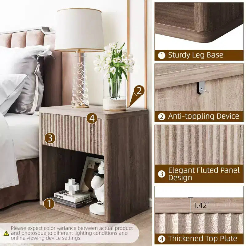Modern Nightstands Set of 2, Fluted End Table with Drawer, Sofa Side Table for Small Spaces, Wooden Bedside Table for Living Room Sofa Couch Office