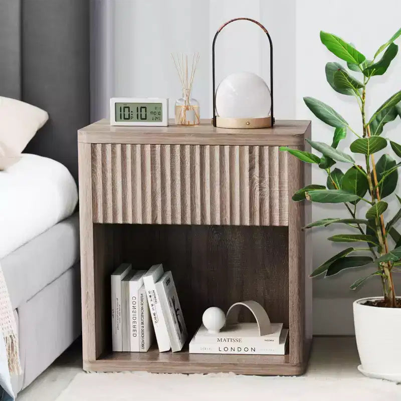 Modern Nightstands Set of 2, Fluted End Table with Drawer, Sofa Side Table for Small Spaces, Wooden Bedside Table for Living Room Sofa Couch Office