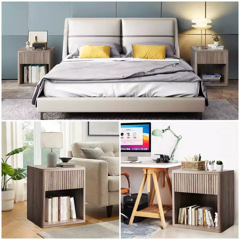Modern Nightstands Set of 2, Fluted End Table with Drawer, Sofa Side Table for Small Spaces, Wooden Bedside Table for Living Room Sofa Couch Office