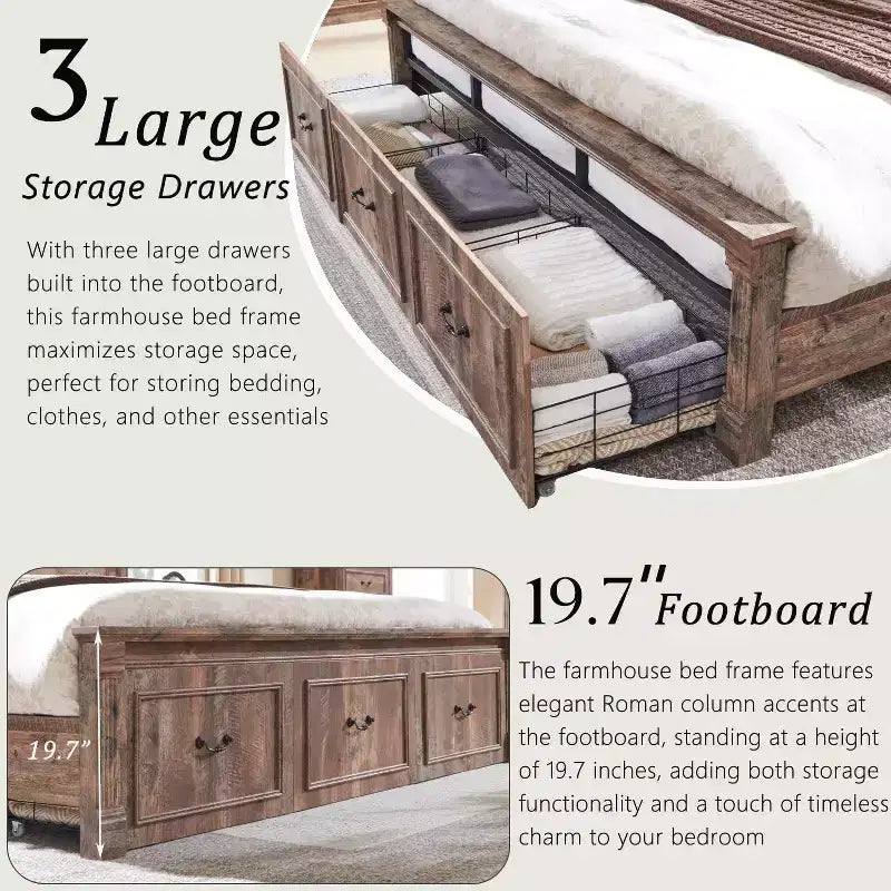 Cadre de lit King Size Mastgoal avec tête de lit de 130 cm de haut, pied de lit romain de 50 cm, 3 tiroirs de rangement, pas besoin de sommier tapissier