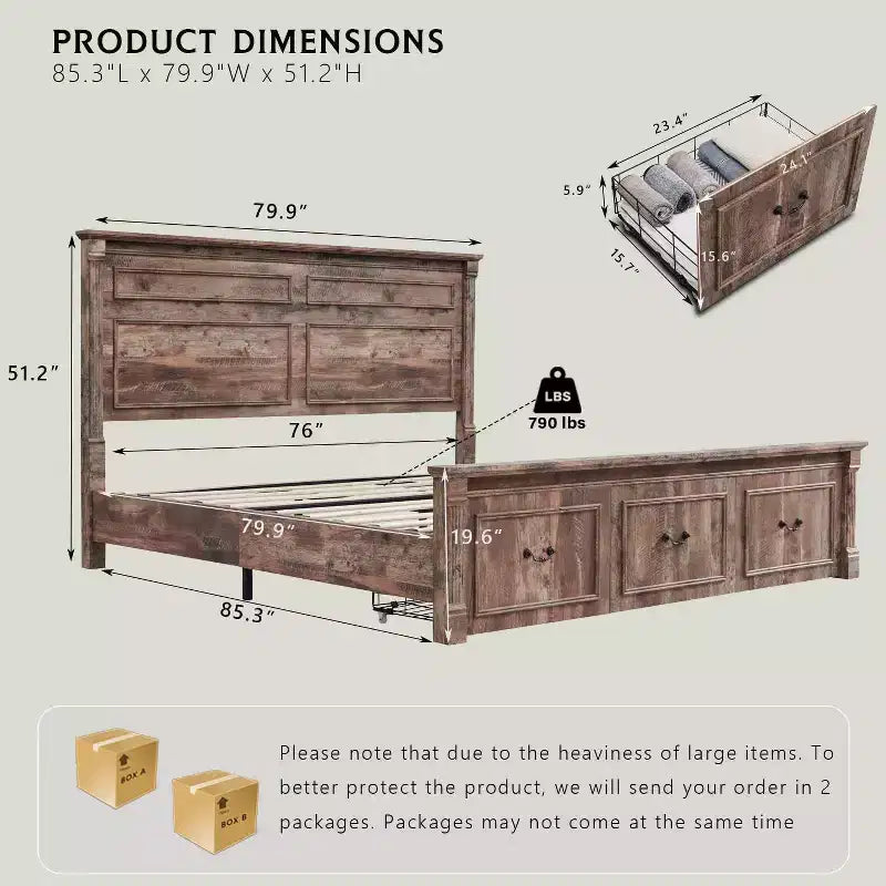 Mastgoal King Size Bed Frame with 51 Tall Headboard, 20 Roman Footboard, 3 Storage Drawers, No Box Spring Needed