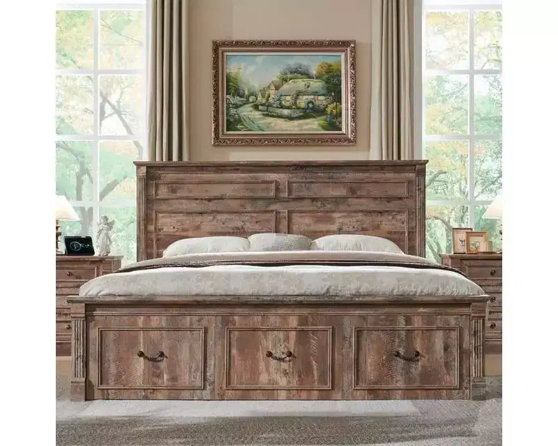 Cadre de lit King Size Mastgoal avec tête de lit de 130 cm de haut, pied de lit romain de 50 cm, 3 tiroirs de rangement, pas besoin de sommier tapissier