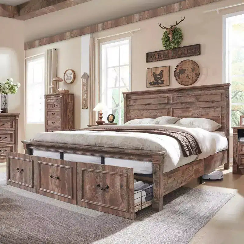 Mastgoal King Size Bed Frame with 51 Tall Headboard, 20 Roman Footboard, 3 Storage Drawers, No Box Spring Needed