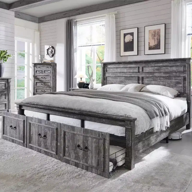 Cadre de lit King Size Mastgoal avec tête de lit de 130 cm de haut, pied de lit romain de 50 cm, 3 tiroirs de rangement, pas besoin de sommier tapissier