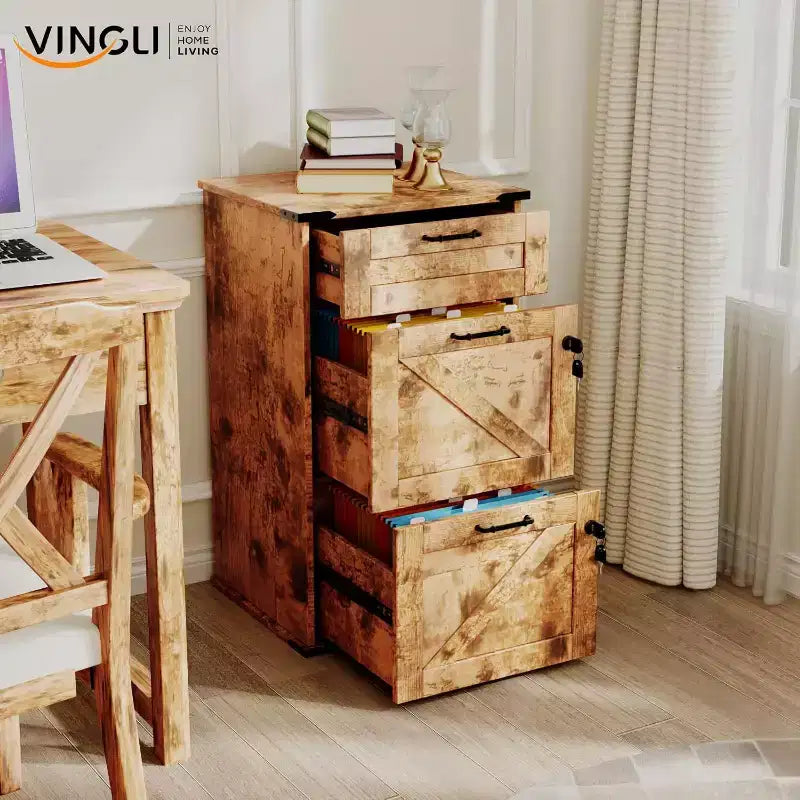 VINGLI Farmhouse File Cabinet with Lock, Home Office Filing Organizer, for Letter File Folder, Modern Style, Wood Filing Cabinets, Archivador