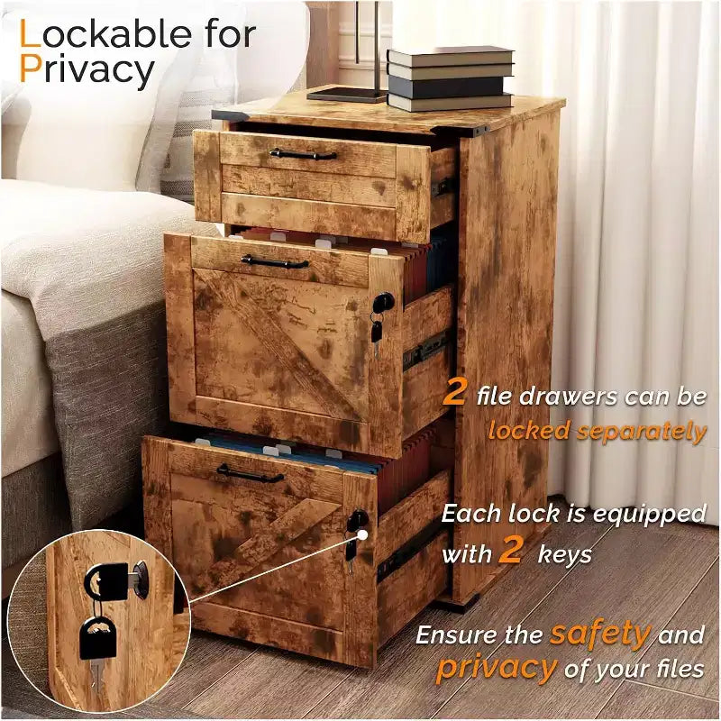 VINGLI Farmhouse File Cabinet with Lock, Home Office Filing Organizer, for Letter File Folder, Modern Style, Wood Filing Cabinets, Archivador
