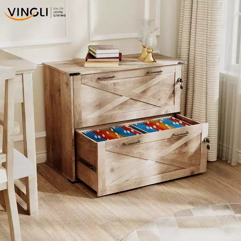 VINGLI Farmhouse File Cabinet with Lock, Home Office Filing Organizer, for Letter File Folder, Modern Style, Wood Filing Cabinets, Archivador