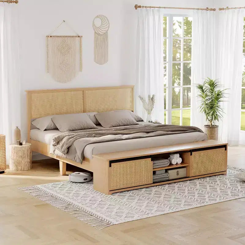 DobleePy King Size Natural Rattan Bed Frame with Sliding Barn Door Storage & LED Headboard, Boho Farmhouse Platform Bed, No Box Spring Needed