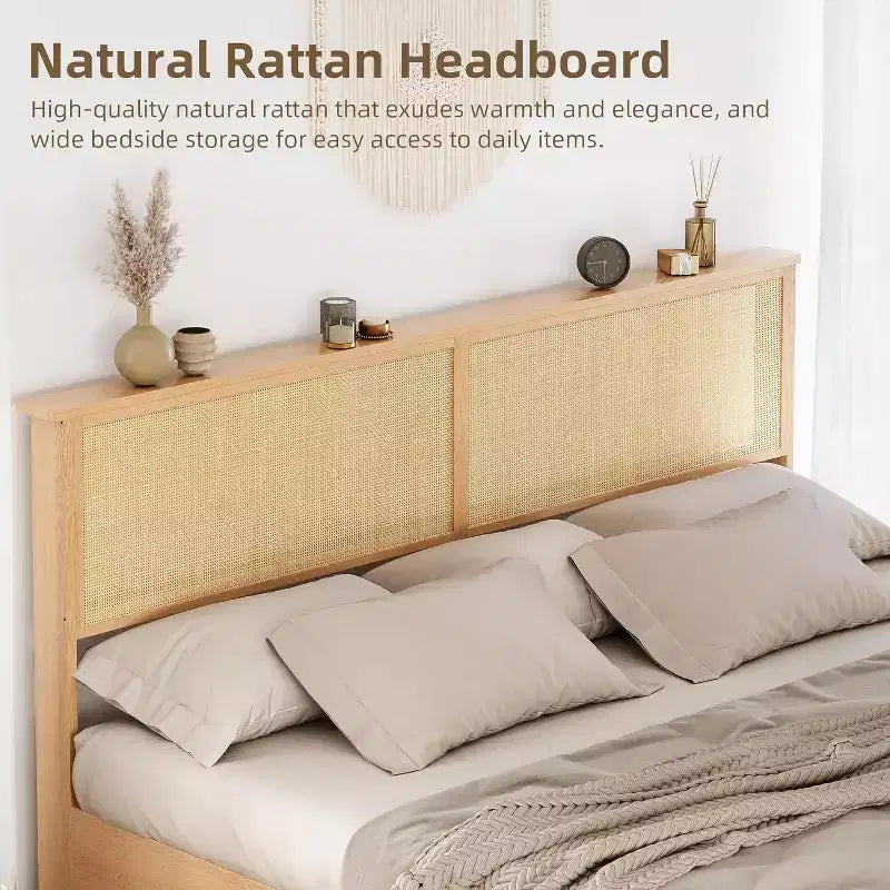 DobleePy King Size Natural Rattan Bed Frame with Sliding Barn Door Storage & LED Headboard, Boho Farmhouse Platform Bed, No Box Spring Needed