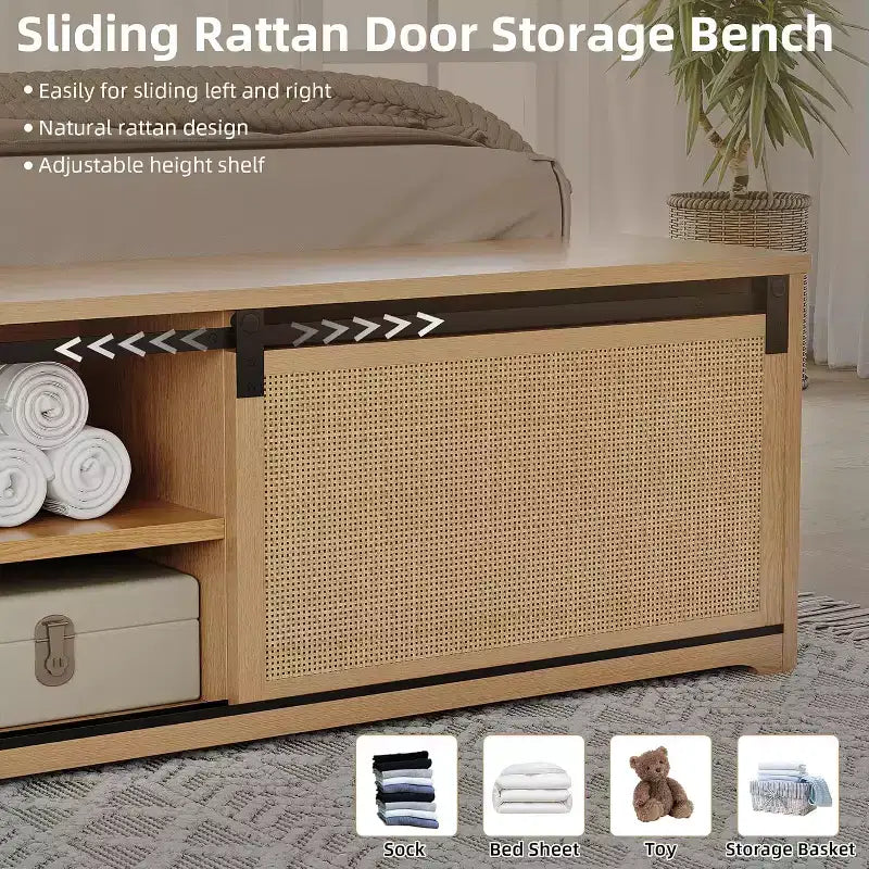DobleePy King Size Natural Rattan Bed Frame with Sliding Barn Door Storage & LED Headboard, Boho Farmhouse Platform Bed, No Box Spring Needed