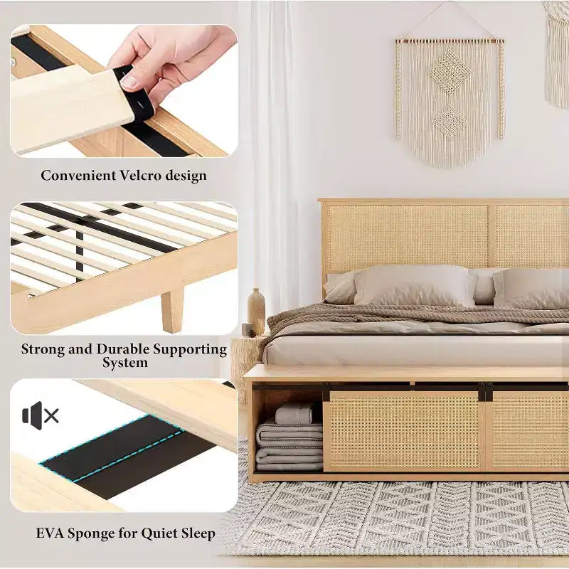 DobleePy King Size Natural Rattan Bed Frame with Sliding Barn Door Storage & LED Headboard, Boho Farmhouse Platform Bed, No Box Spring Needed
