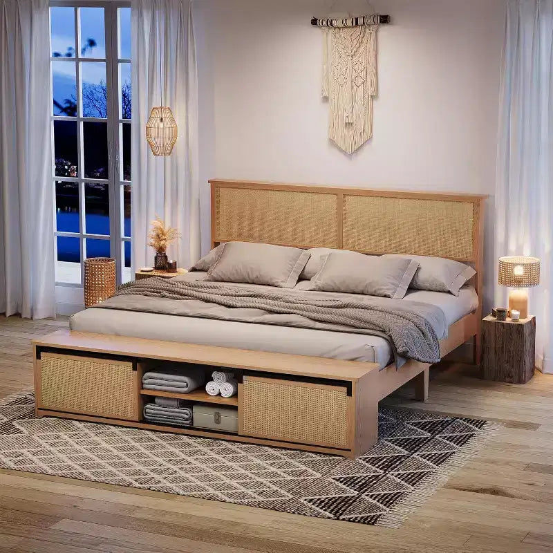 DobleePy King Size Natural Rattan Bed Frame with Sliding Barn Door Storage & LED Headboard, Boho Farmhouse Platform Bed, No Box Spring Needed