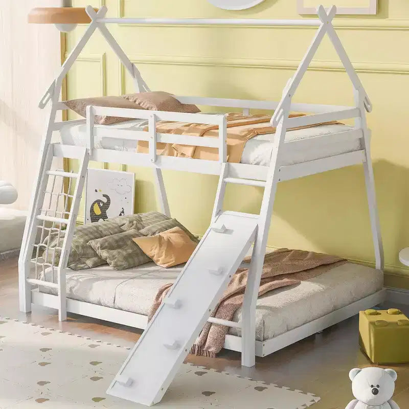 Whisen Twin over Queen Bunk Bed with Safe Guardrails & Playful Climbing Ramp