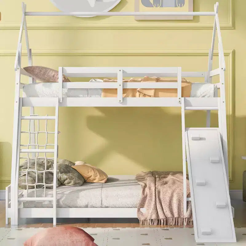 Whisen Twin over Queen Bunk Bed with Safe Guardrails & Playful Climbing Ramp