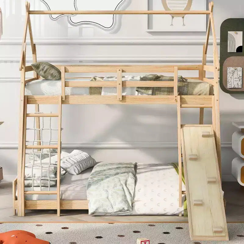 Whisen Twin over Queen Bunk Bed with Safe Guardrails & Playful Climbing Ramp