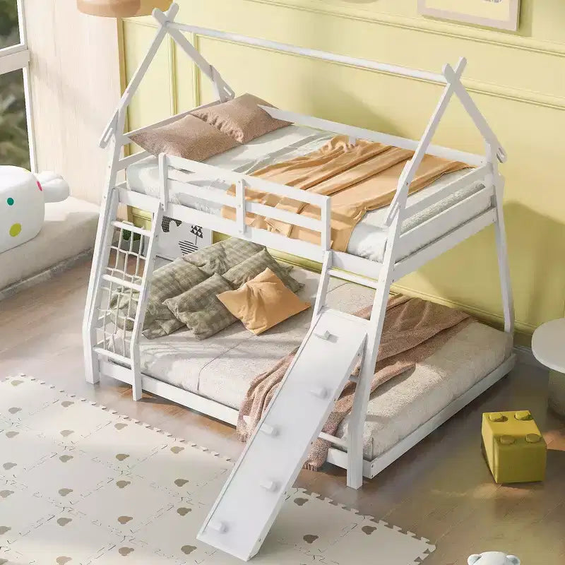 Whisen Twin over Queen Bunk Bed with Safe Guardrails & Playful Climbing Ramp