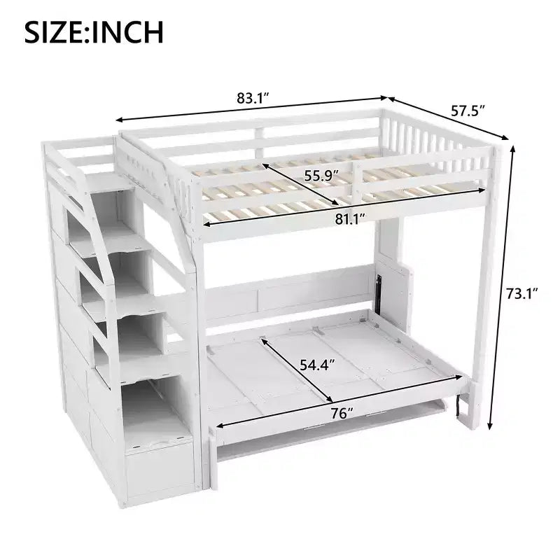 Whisen Full XL Size Loft Bed with Safety Guardrails, LED Design, Full Size Murphy Bed with Storage Stairs - White