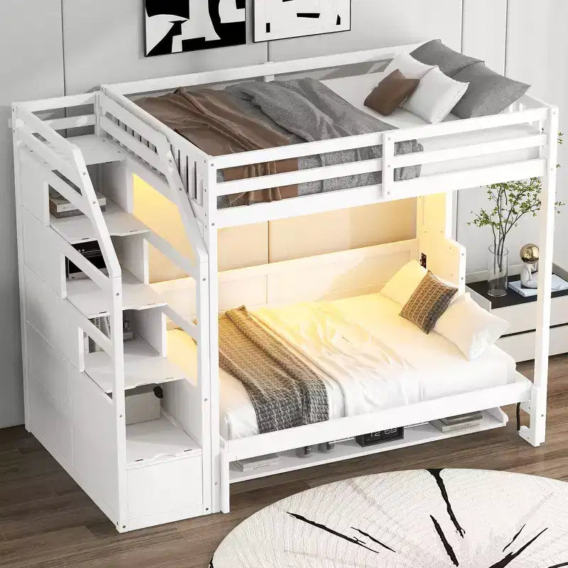 Whisen Full XL Size Loft Bed with Safety Guardrails, LED Design, Full Size Murphy Bed with Storage Stairs - White