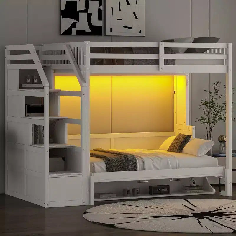 Whisen Full XL Size Loft Bed with Safety Guardrails, LED Design, Full Size Murphy Bed with Storage Stairs - White
