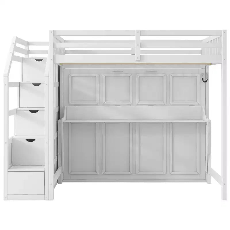 Whisen Full XL Size Loft Bed with Safety Guardrails, LED Design, Full Size Murphy Bed with Storage Stairs - White