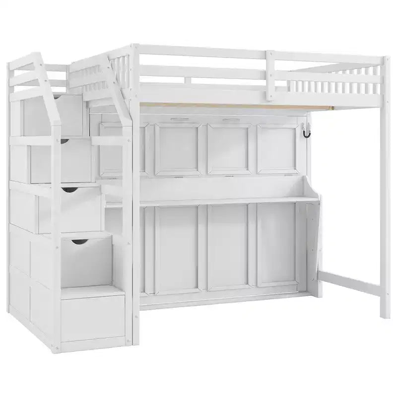 Whisen Full XL Size Loft Bed with Safety Guardrails, LED Design, Full Size Murphy Bed with Storage Stairs - White