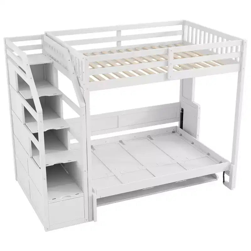 Whisen Full XL Size Loft Bed with Safety Guardrails, LED Design, Full Size Murphy Bed with Storage Stairs - White