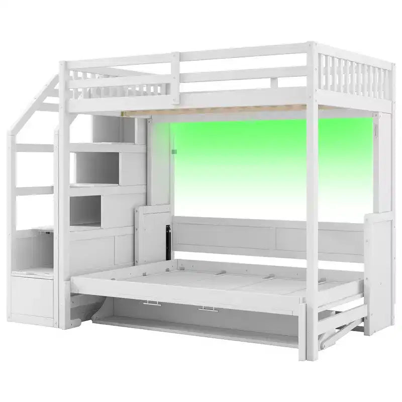 Whisen Full XL Size Loft Bed with Safety Guardrails, LED Design, Full Size Murphy Bed with Storage Stairs - White