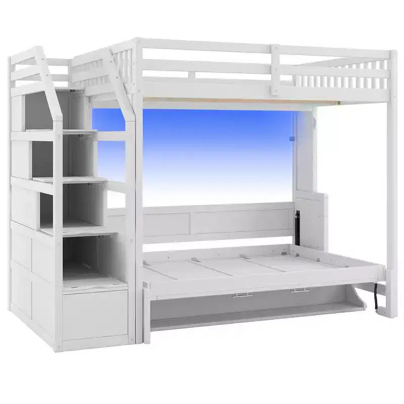 Whisen Full XL Size Loft Bed with Safety Guardrails, LED Design, Full Size Murphy Bed with Storage Stairs - White