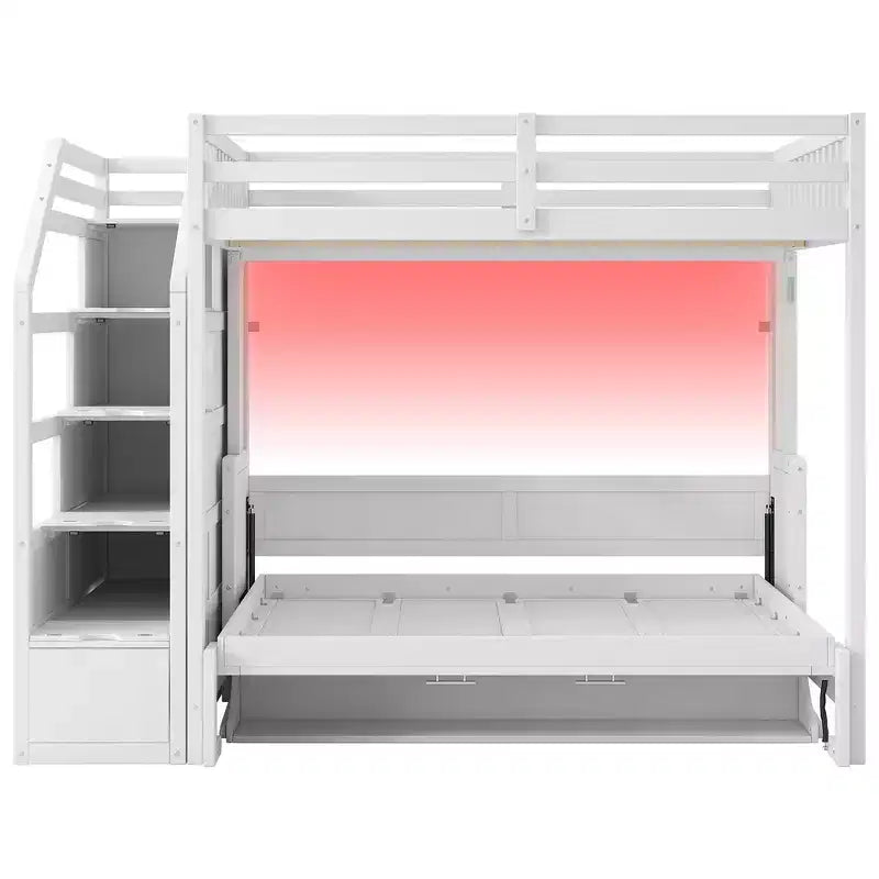Whisen Full XL Size Loft Bed with Safety Guardrails, LED Design, Full Size Murphy Bed with Storage Stairs - White