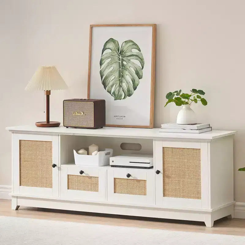 Rattan TV Stand for 65in, White Modern Console Table with Storage, Entertainment Center Cabinet, Wood TV Console Media Cabinet Furniture