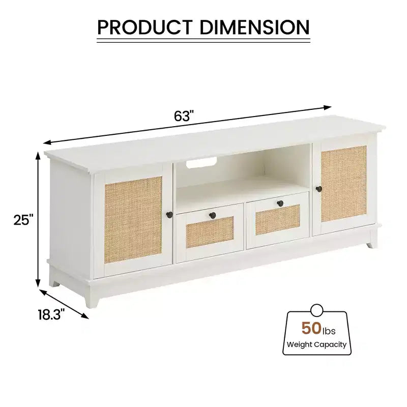 Rattan TV Stand for 65in, White Modern Console Table with Storage, Entertainment Center Cabinet, Wood TV Console Media Cabinet Furniture