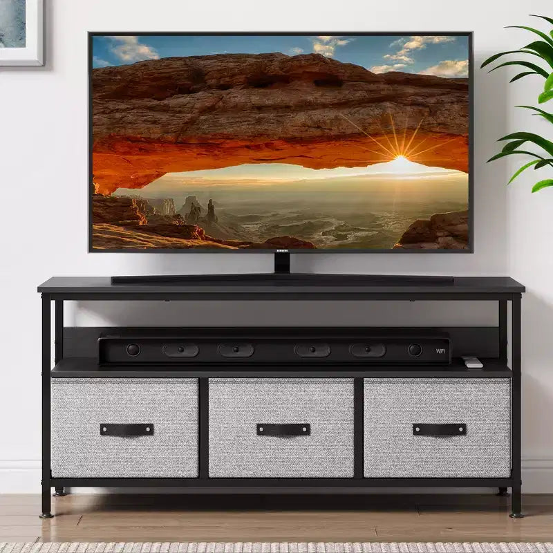 TV Stand with 3 Fabric Drawers for 55 Inch TV Entertainment Center with Storage Cabinets Media Console with Open Shelf Entertainment Stand