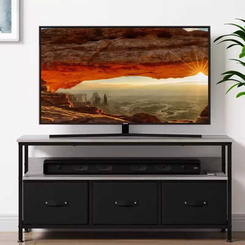 TV Stand with 3 Fabric Drawers for 55 Inch TV Entertainment Center with Storage Cabinets Media Console with Open Shelf Entertainment Stand