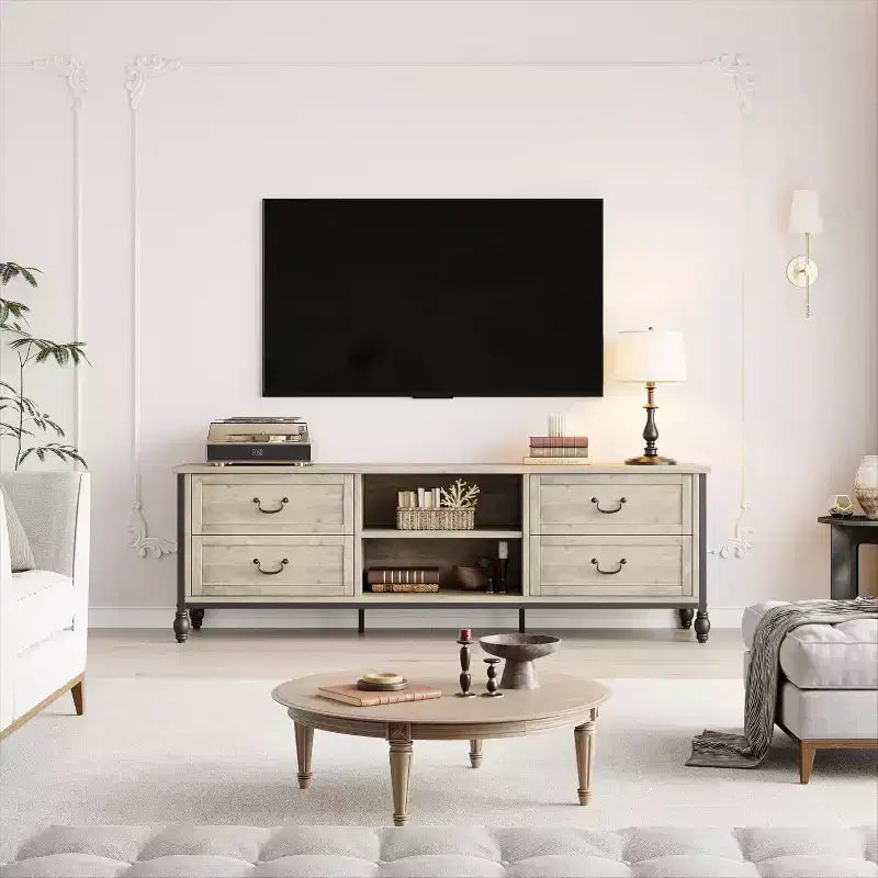 Farmhouse TV Cabinet for 75in, Mid Century Modern Wood Entertainment Center with 4 Drawer & 2 Open Shelves, Roman Column Legs, Media Console