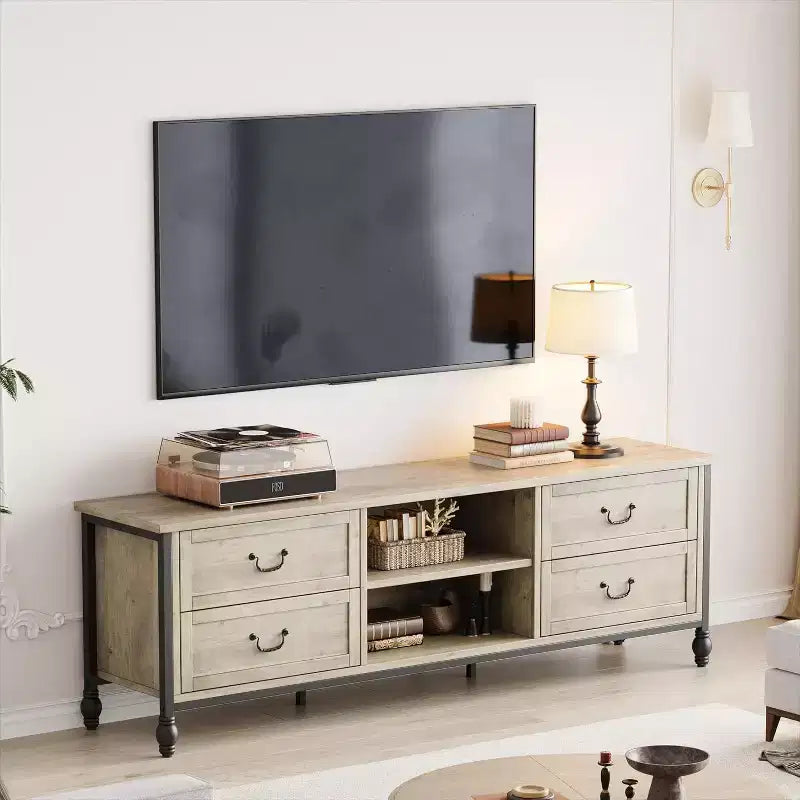 Farmhouse TV Cabinet for 75in, Mid Century Modern Wood Entertainment Center with 4 Drawer & 2 Open Shelves, Roman Column Legs, Media Console