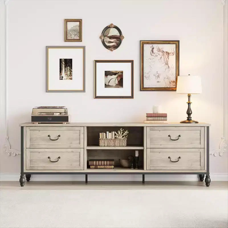 Farmhouse TV Cabinet for 75in, Mid Century Modern Wood Entertainment Center with 4 Drawer & 2 Open Shelves, Roman Column Legs, Media Console
