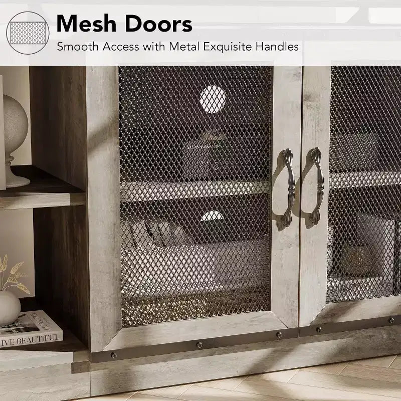 Meuble TV de ferme industriel 63" pour téléviseurs jusqu'à 75", capacité de charge 500 lb, console média avec portes grillagées doubles, meuble de rangement pour salon