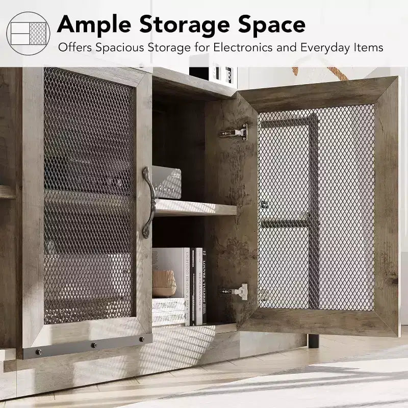 Meuble TV de ferme industriel 63" pour téléviseurs jusqu'à 75", capacité de charge 500 lb, console média avec portes grillagées doubles, meuble de rangement pour salon