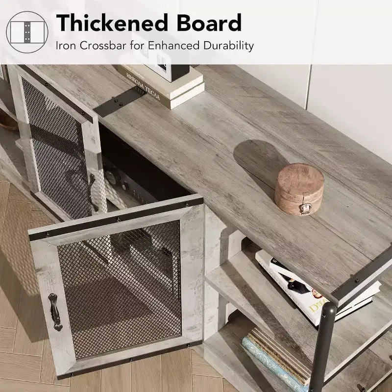 Meuble TV de ferme industriel 63" pour téléviseurs jusqu'à 75", capacité de charge 500 lb, console média avec portes grillagées doubles, meuble de rangement pour salon